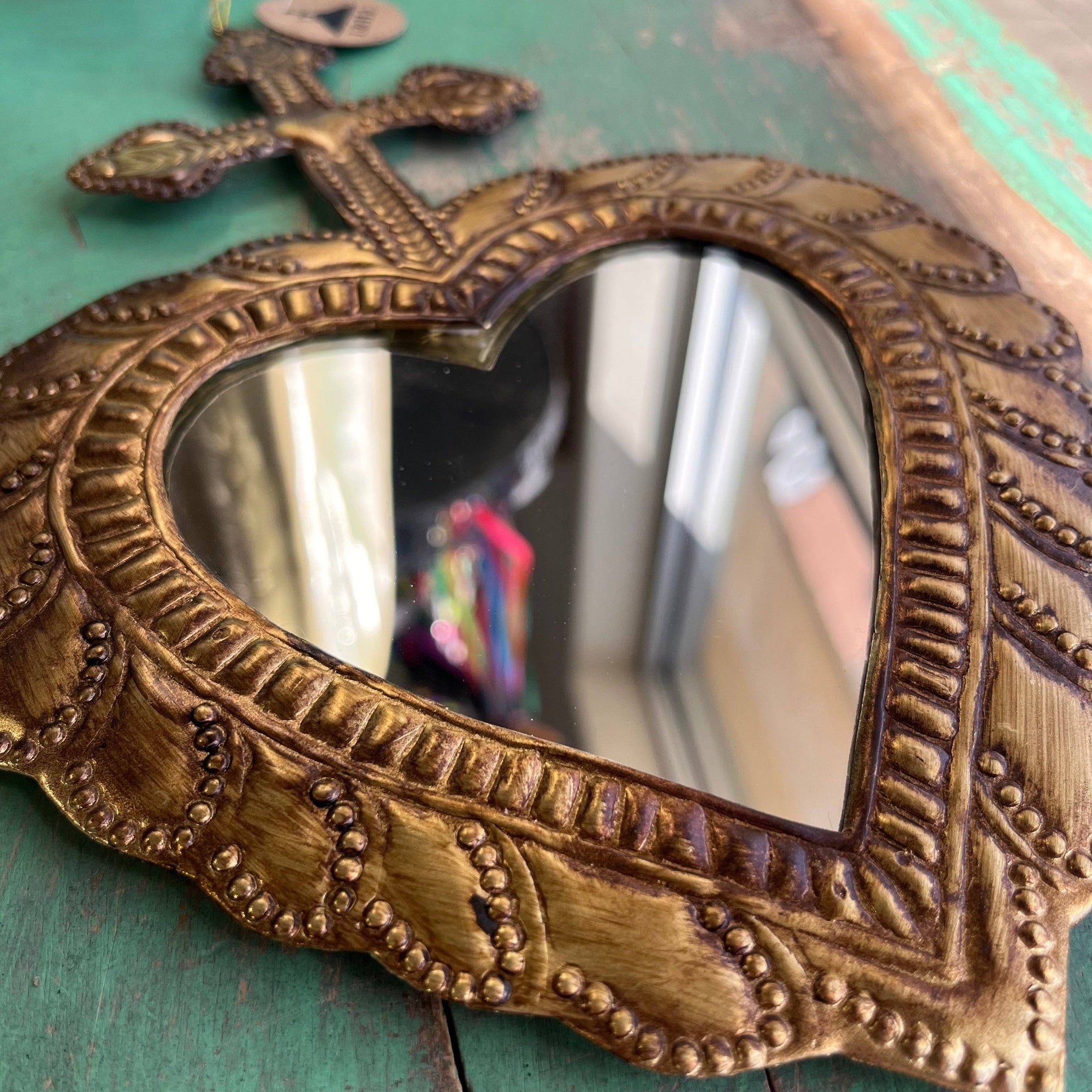 Medium Cross on Heart Tin Mirror