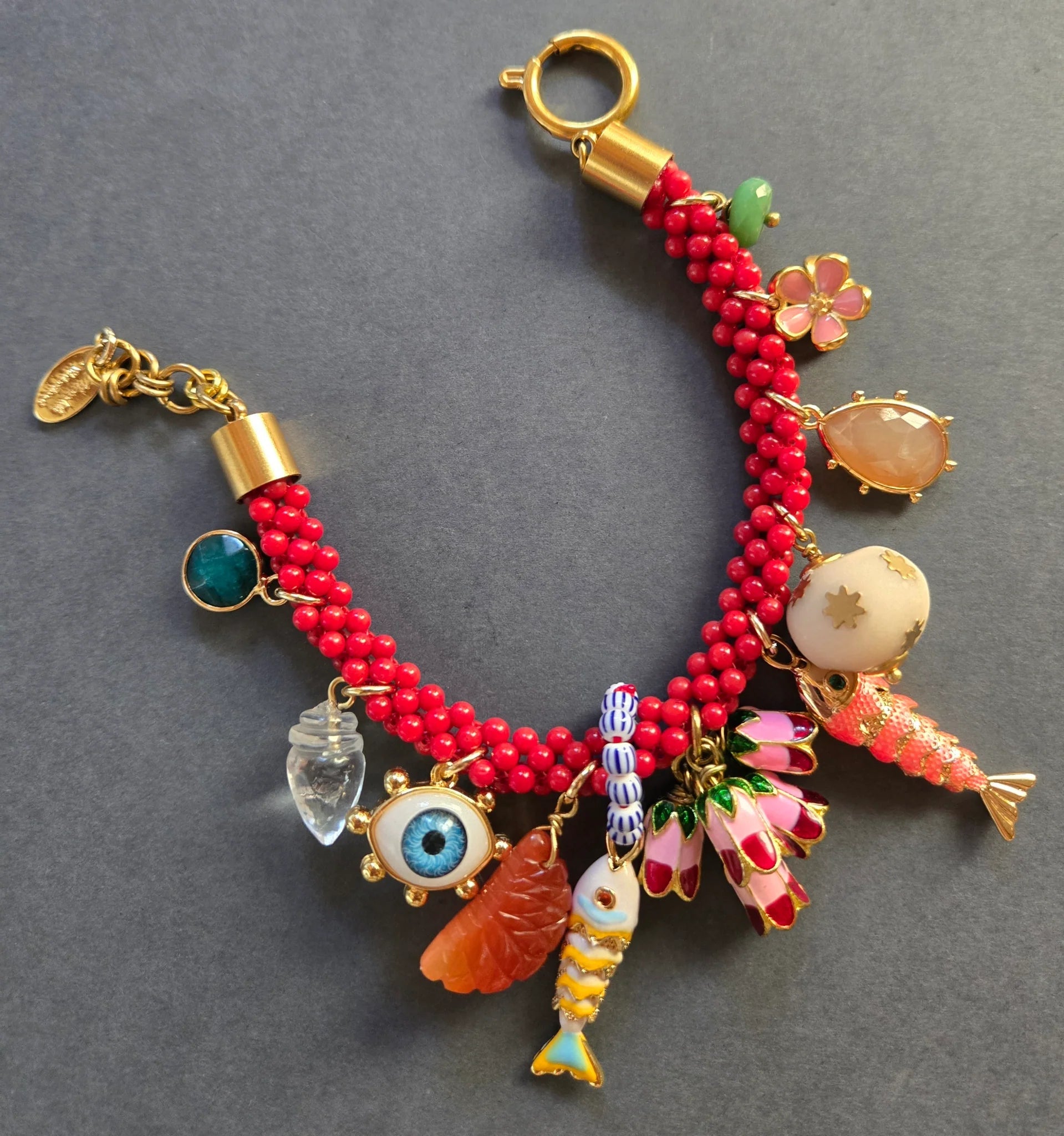 Fish &amp; Eye Coral Woven Charm Bracelet - Box Turtle