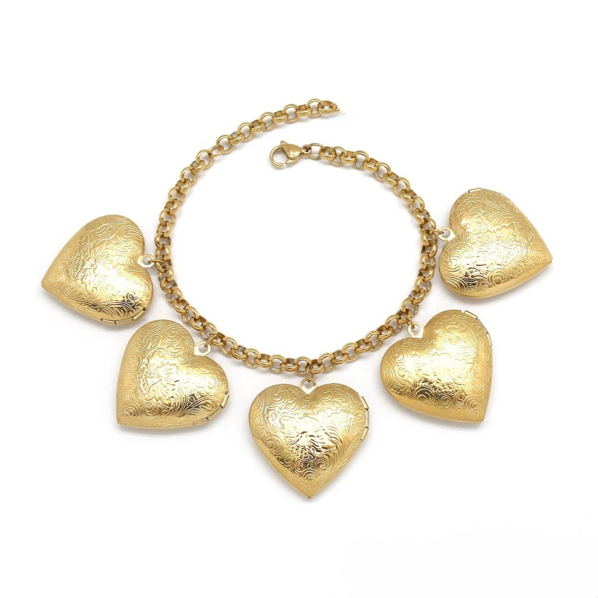 Five Heart Lockets Gold Bracelet - Box Turtle