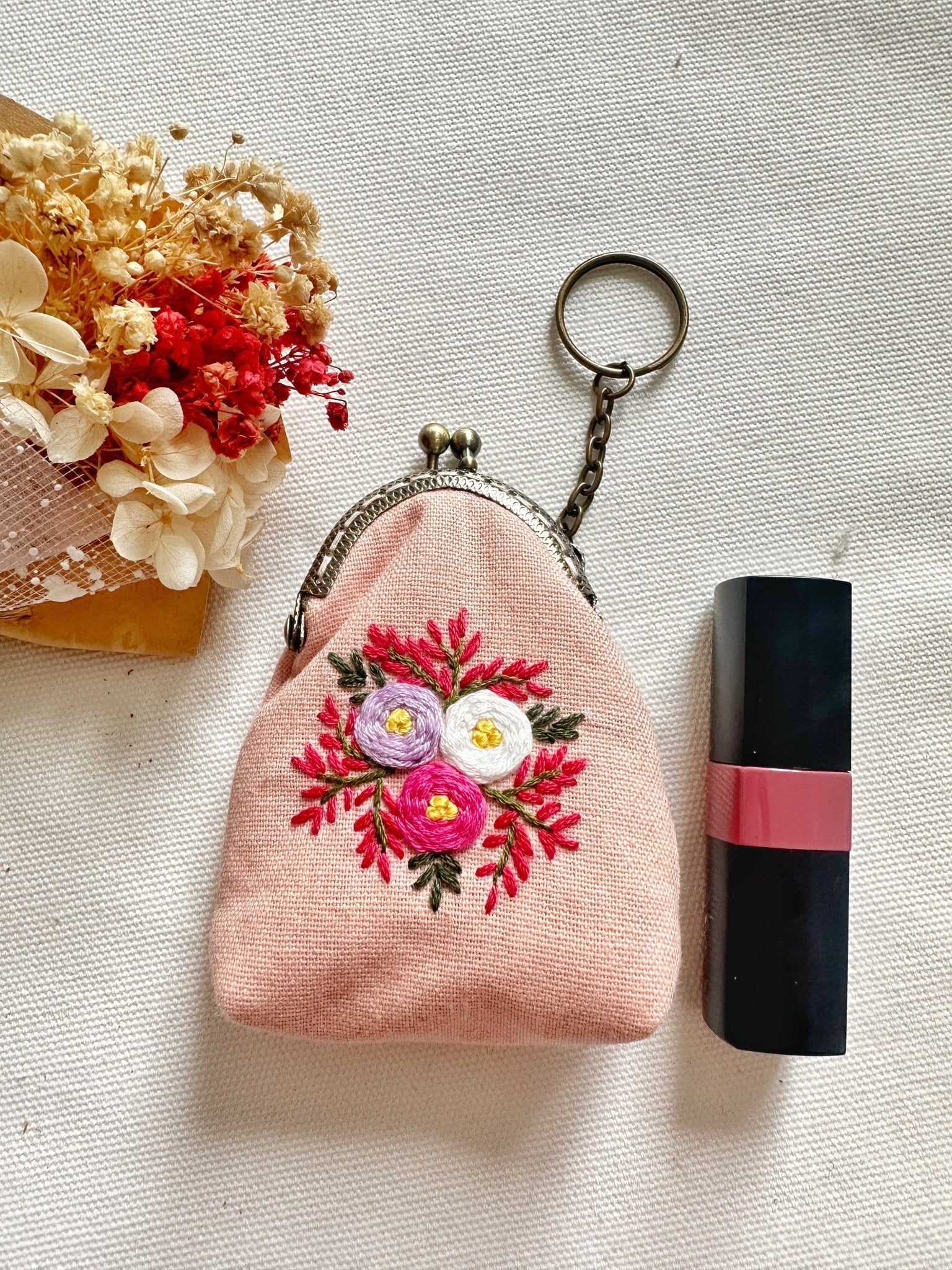 Floral Embroidered Keychain Pouch - Box Turtle