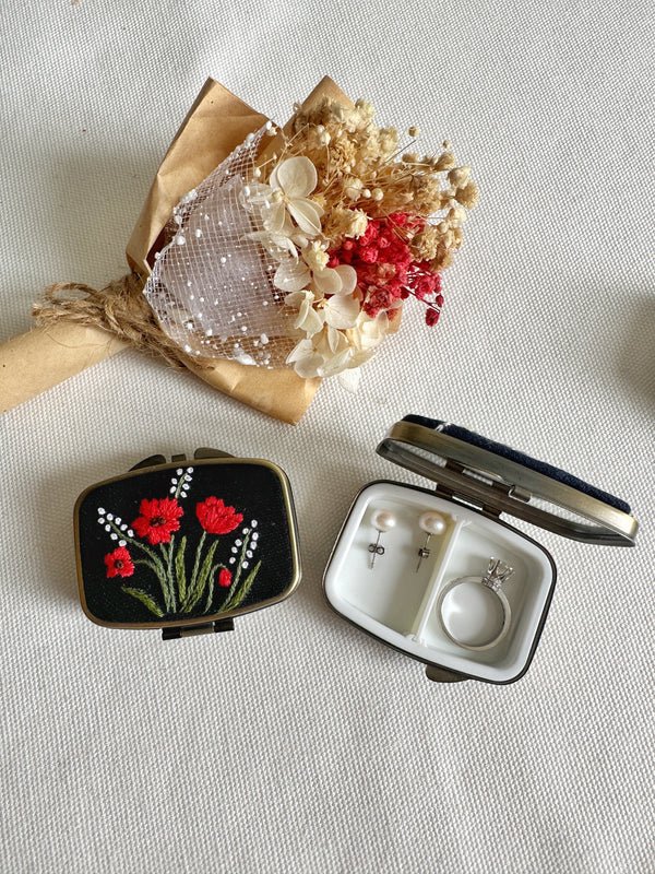 Floral Embroidered Rectangle Mini Jewelry Box With Mirror - Box Turtle