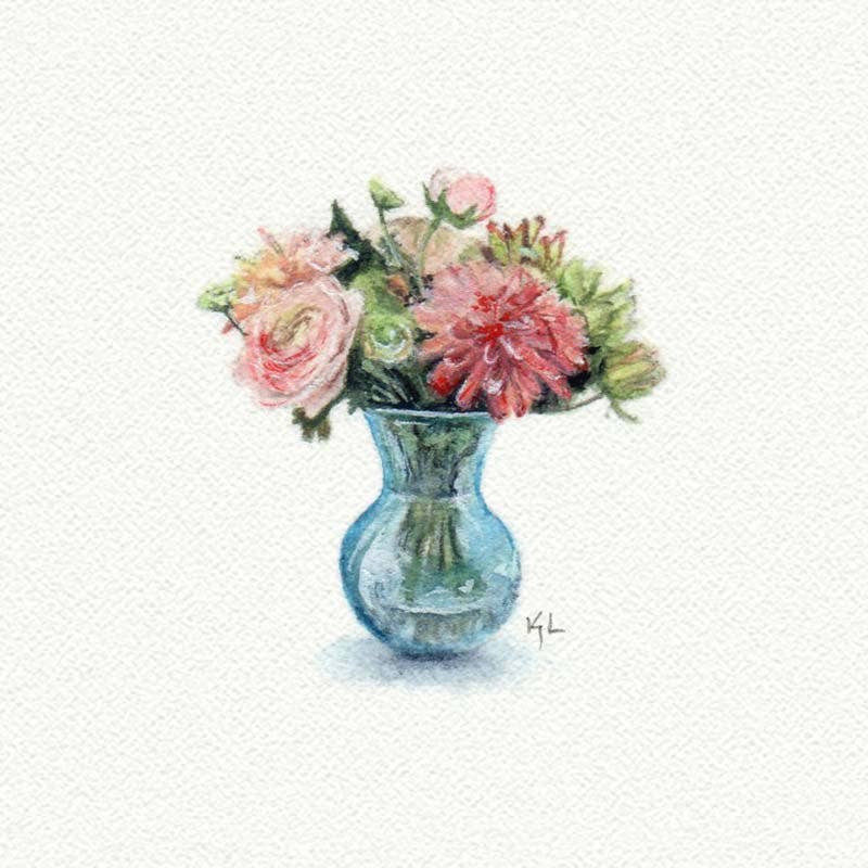 Flower Vase 2 Miniature Watercolor Print - Box Turtle