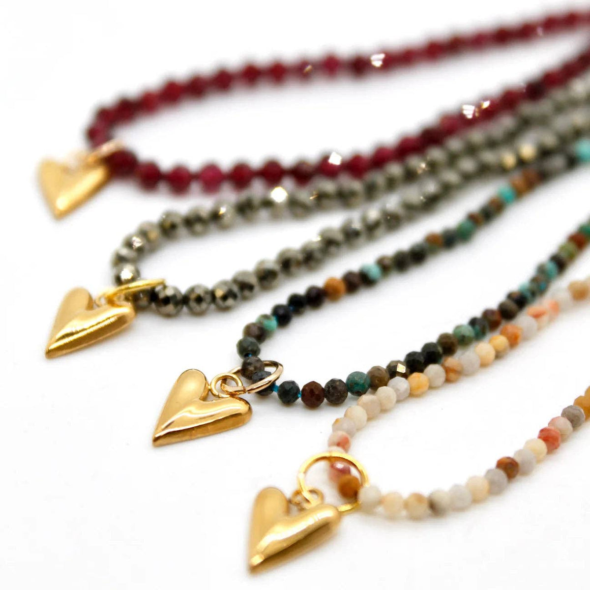 Gemstone Mini Gold Heart Charm Necklace - Box Turtle