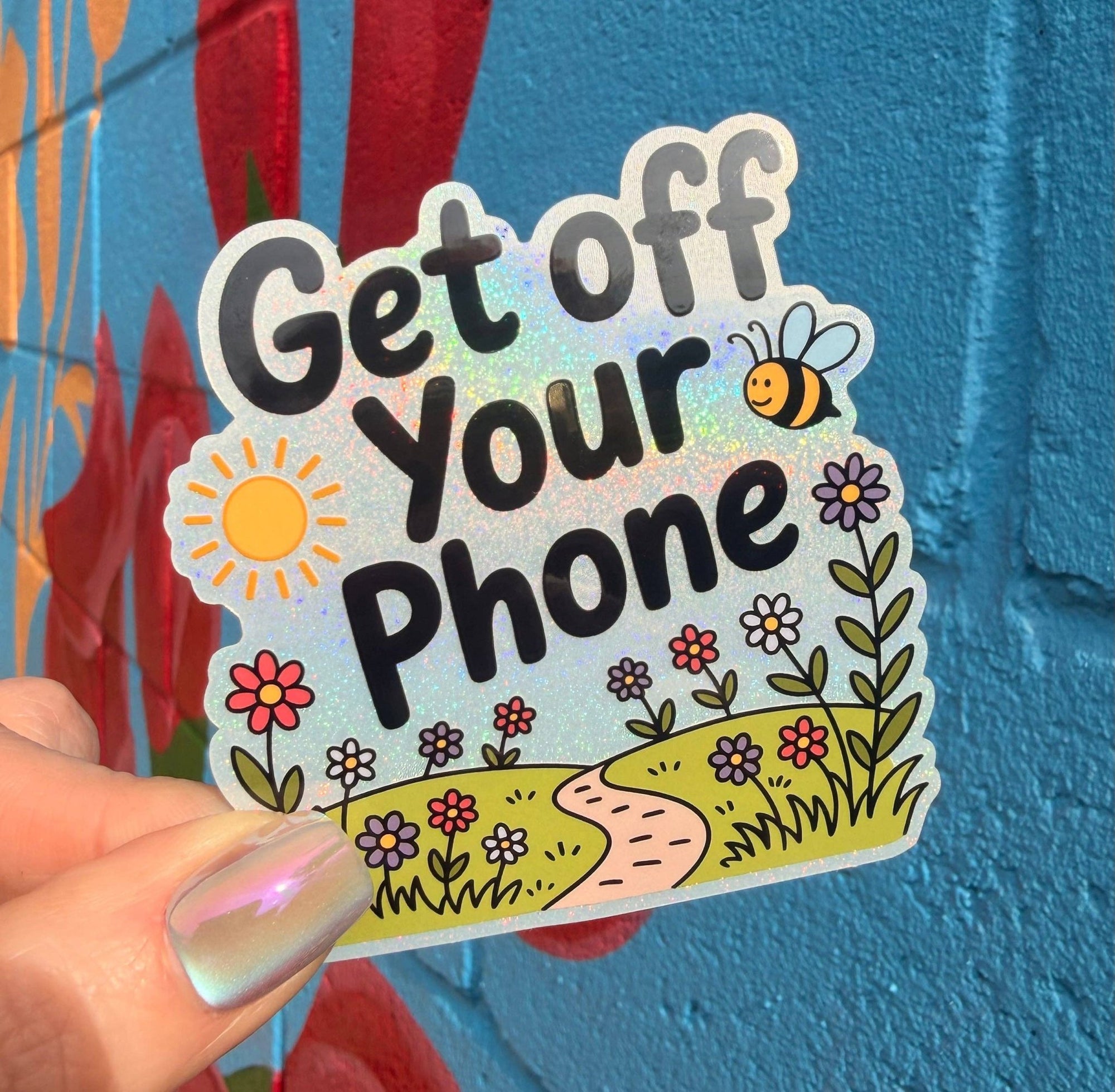 Get Off Your Phone Glitter Sticker - Box Turtle