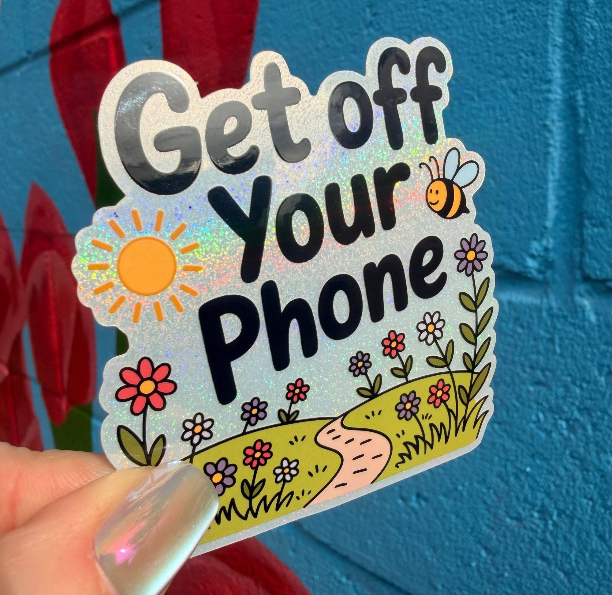 Get Off Your Phone Glitter Sticker - Box Turtle