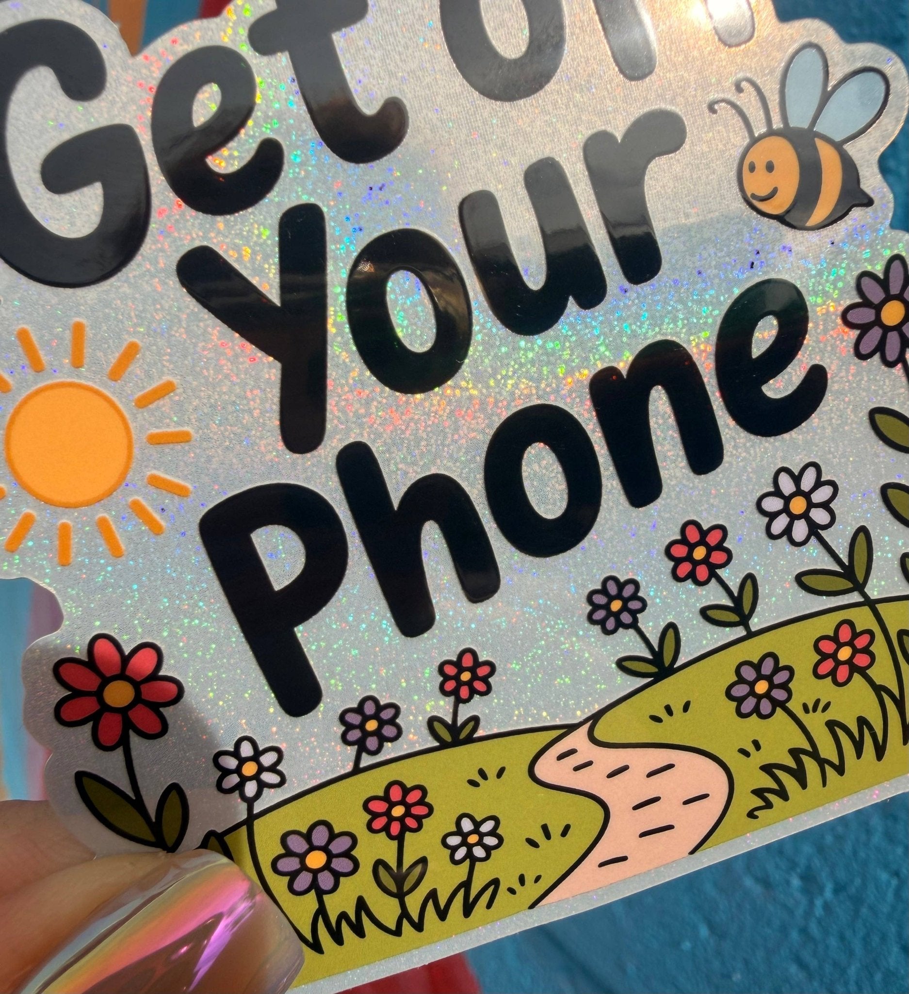 Get Off Your Phone Glitter Sticker - Box Turtle