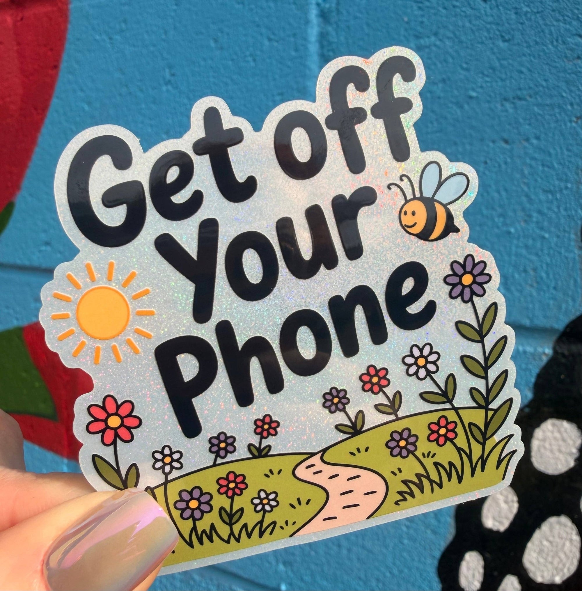Get Off Your Phone Glitter Sticker - Box Turtle