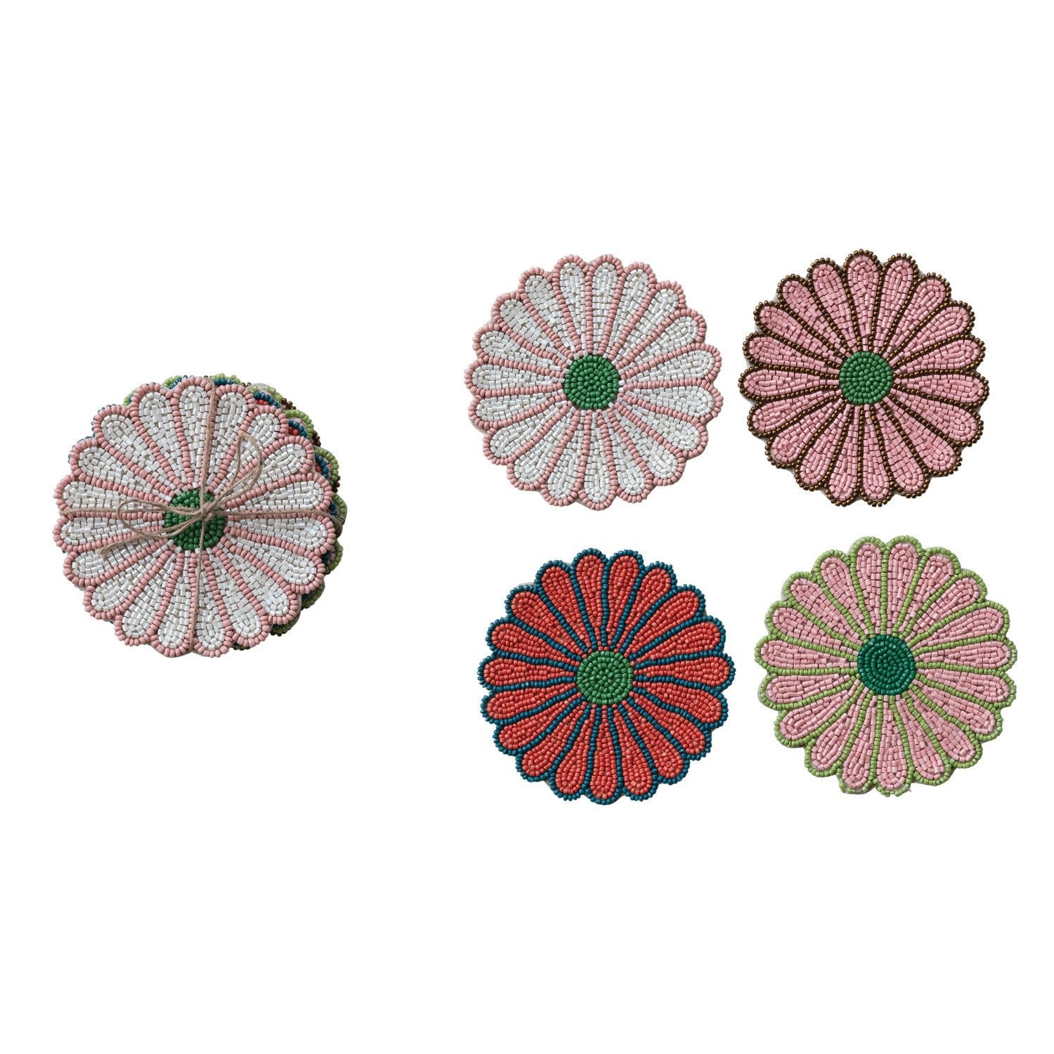 Glass Beaded Flower Shaped Coasters - Box Turtle