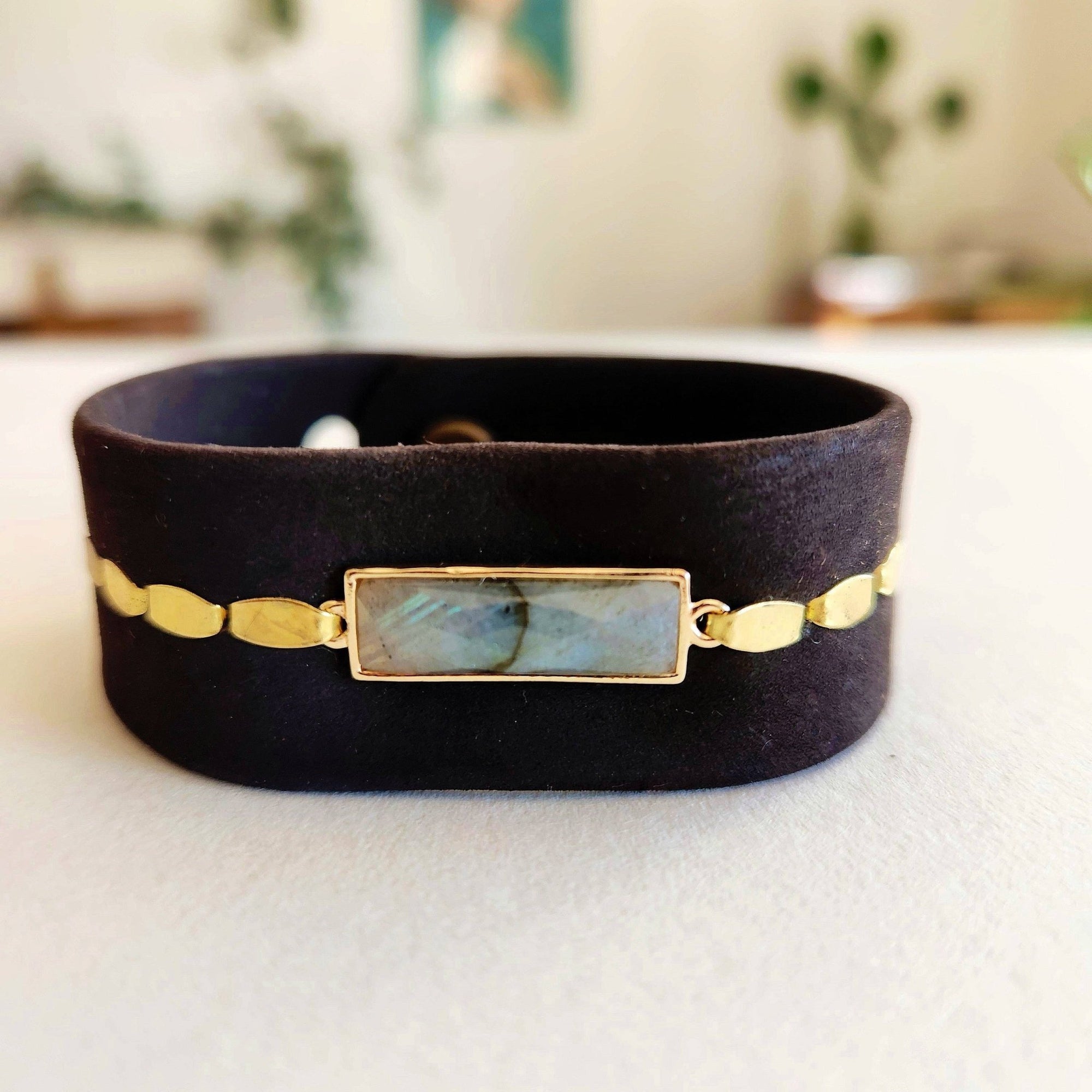 Gold Filled Labradorite Chocolate Leather Cuff Bracelet - Box Turtle