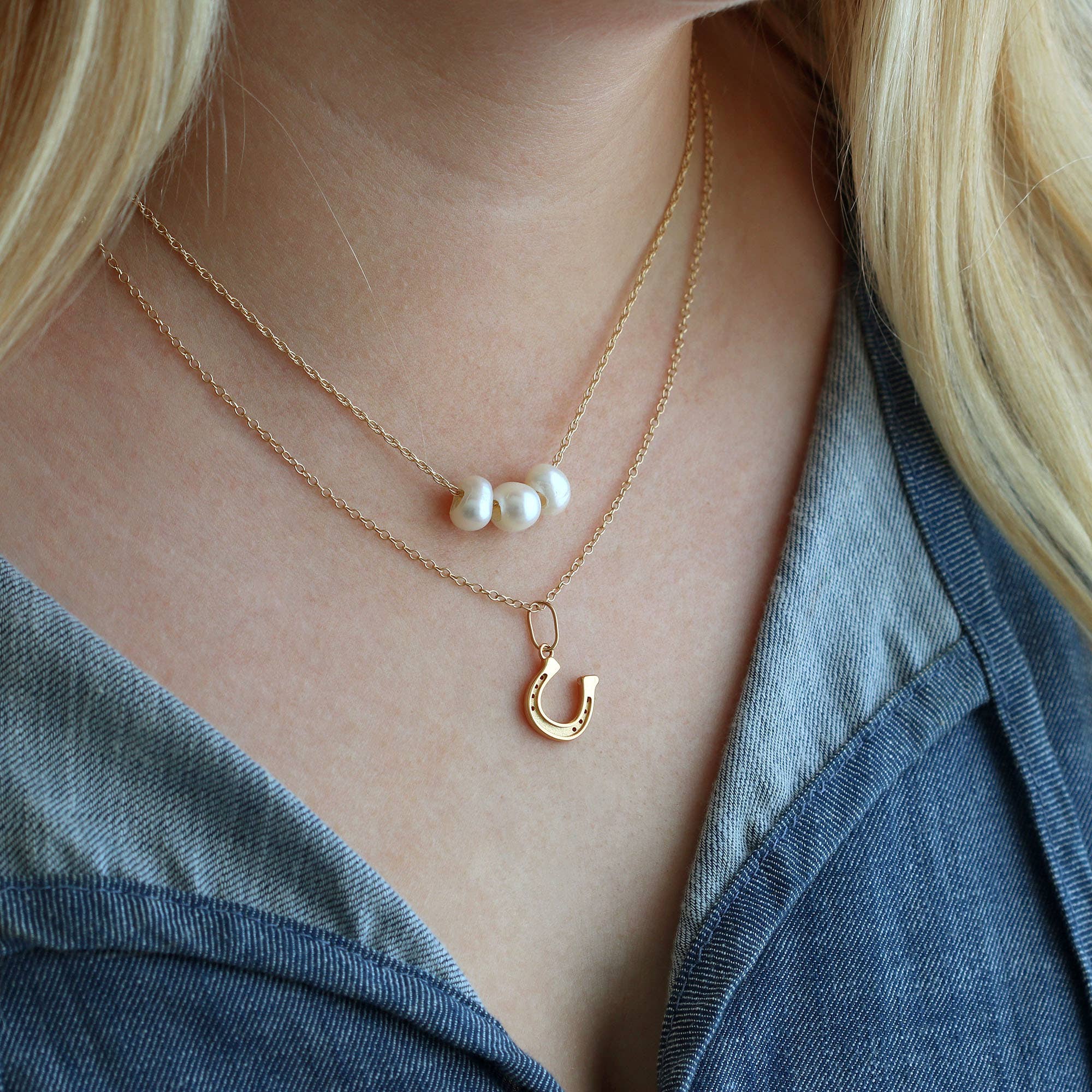 Gold Horseshoe Charm Necklace - Box Turtle