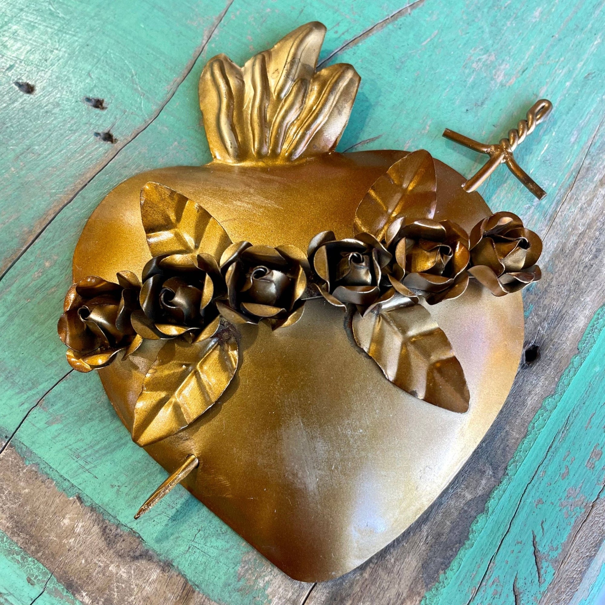 Gold Roses Metal Sacred Heart - Box Turtle