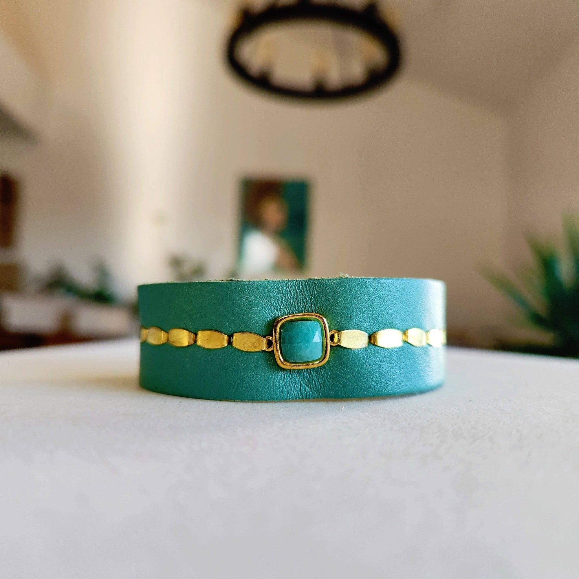 Green Apatite Leather Cuff - Box Turtle