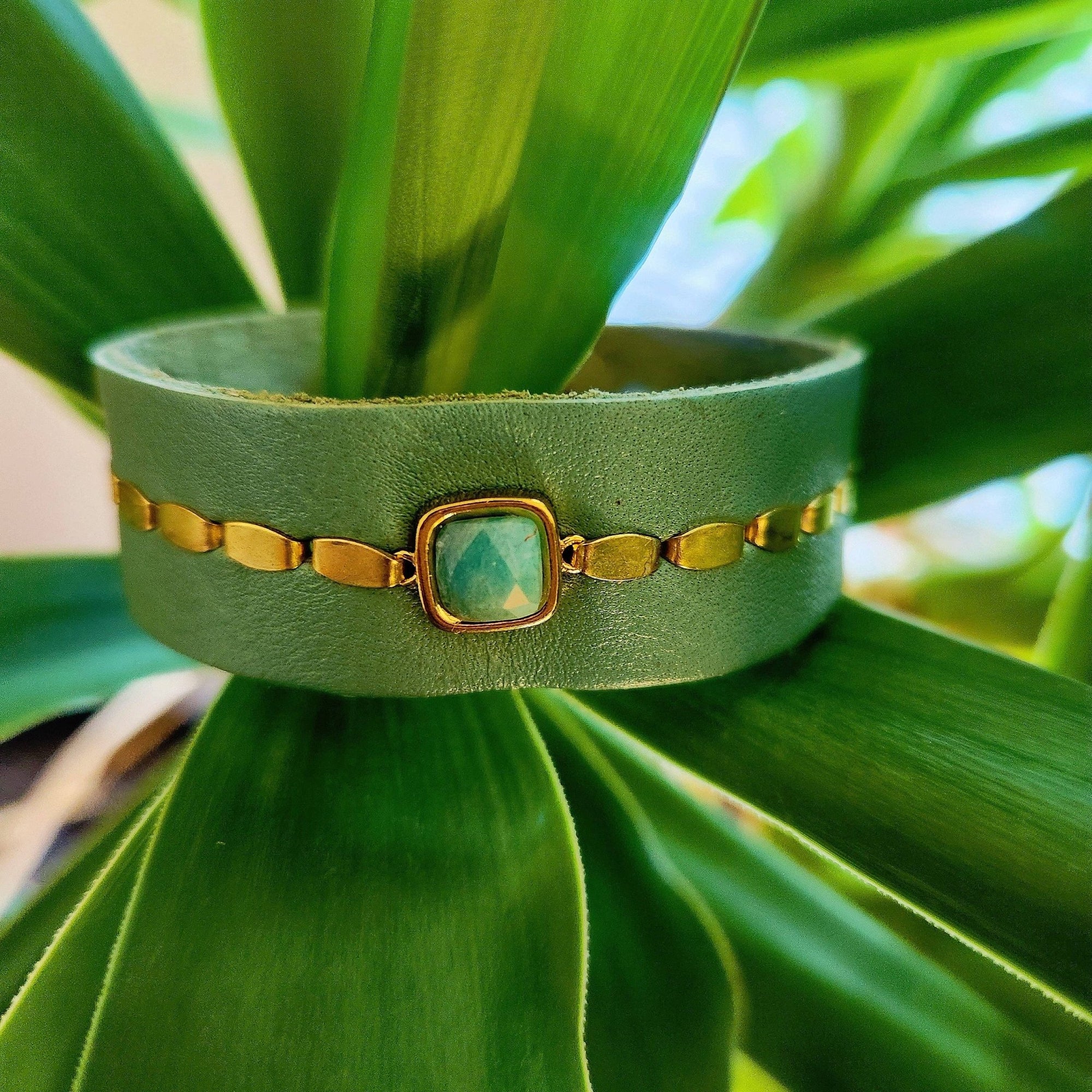 Green Apatite Leather Cuff - Box Turtle