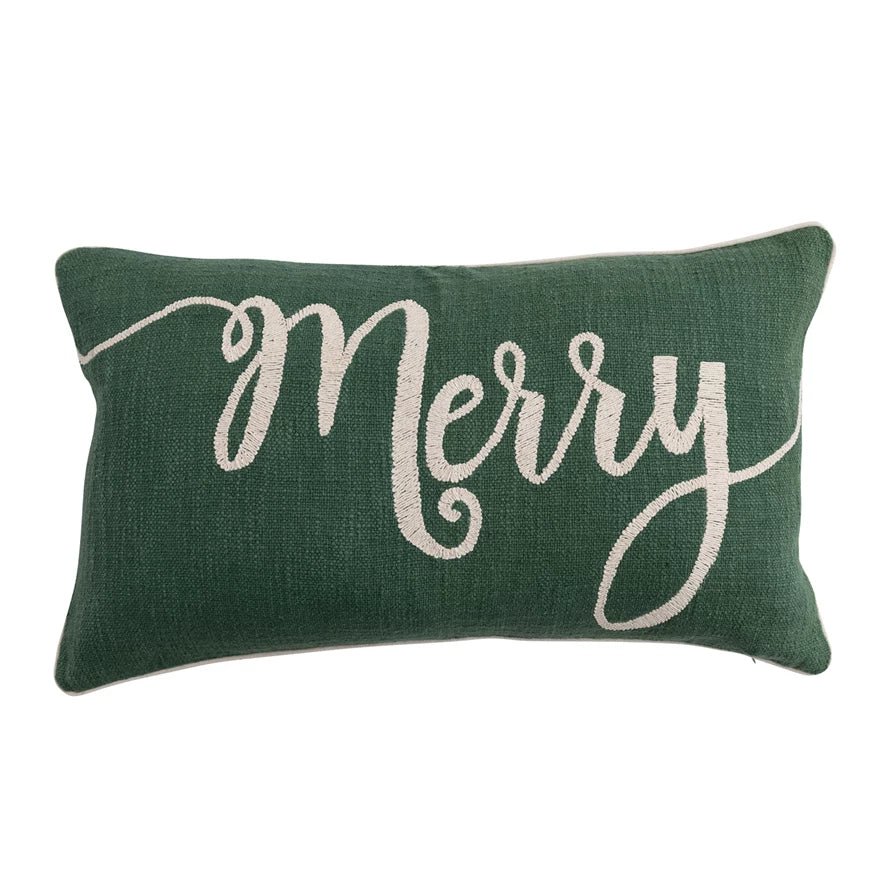 Green Embroidered "Merry" Lumbar Pillow - Box Turtle