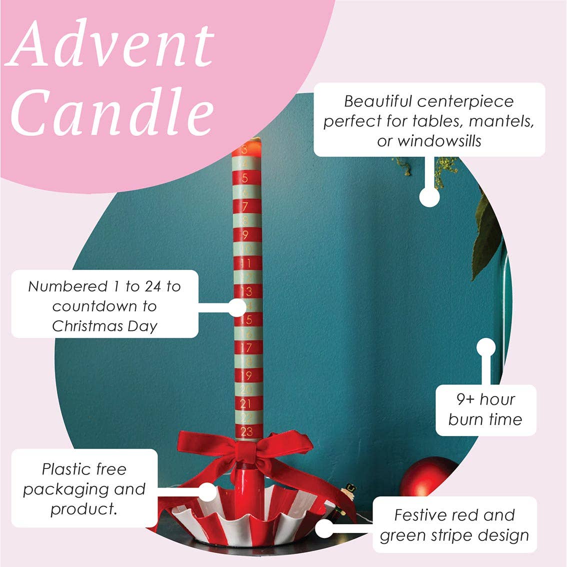 Green & Red Striped Advent Candle - Box Turtle