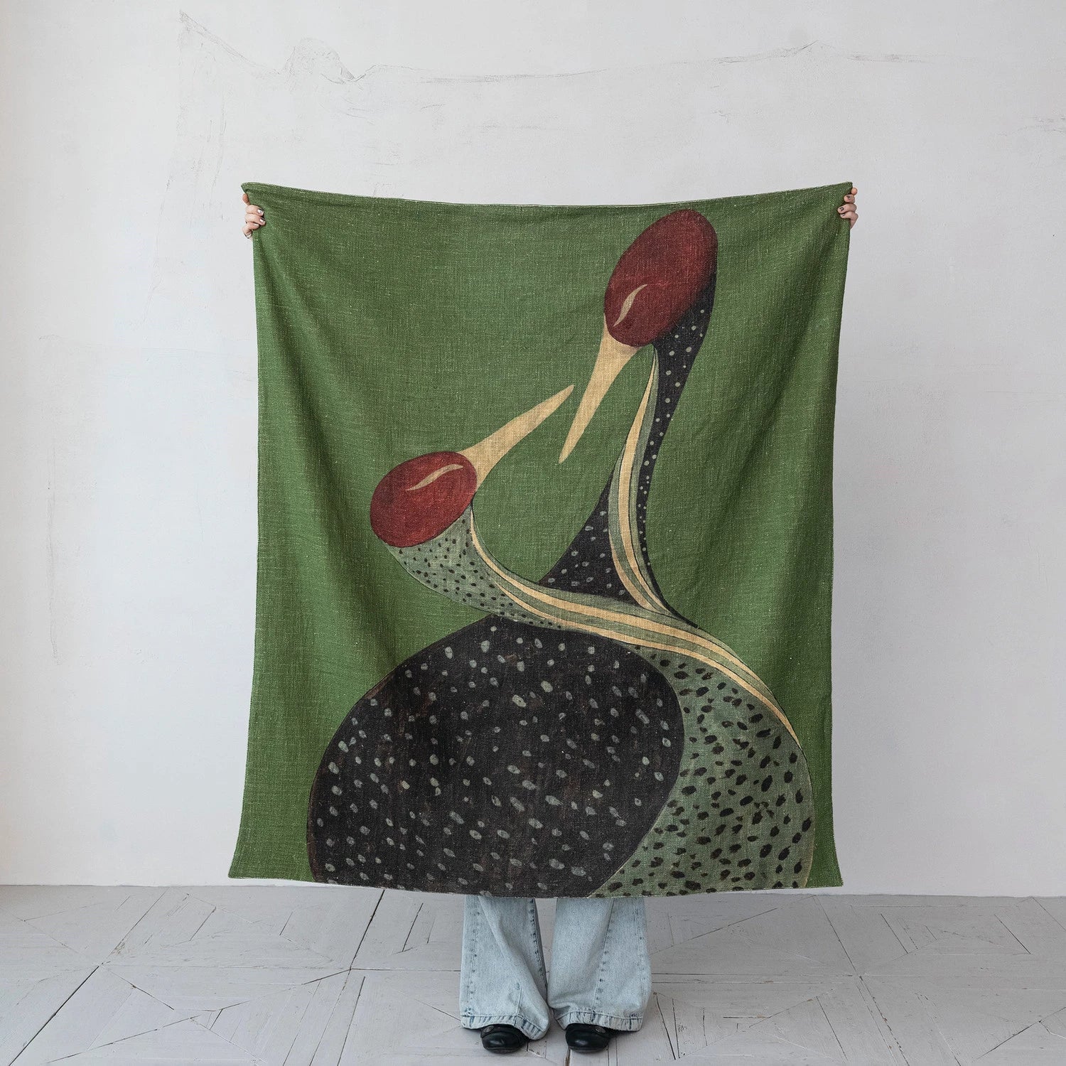 Green Velvet Cranes Cotton Slub Throw - Box Turtle