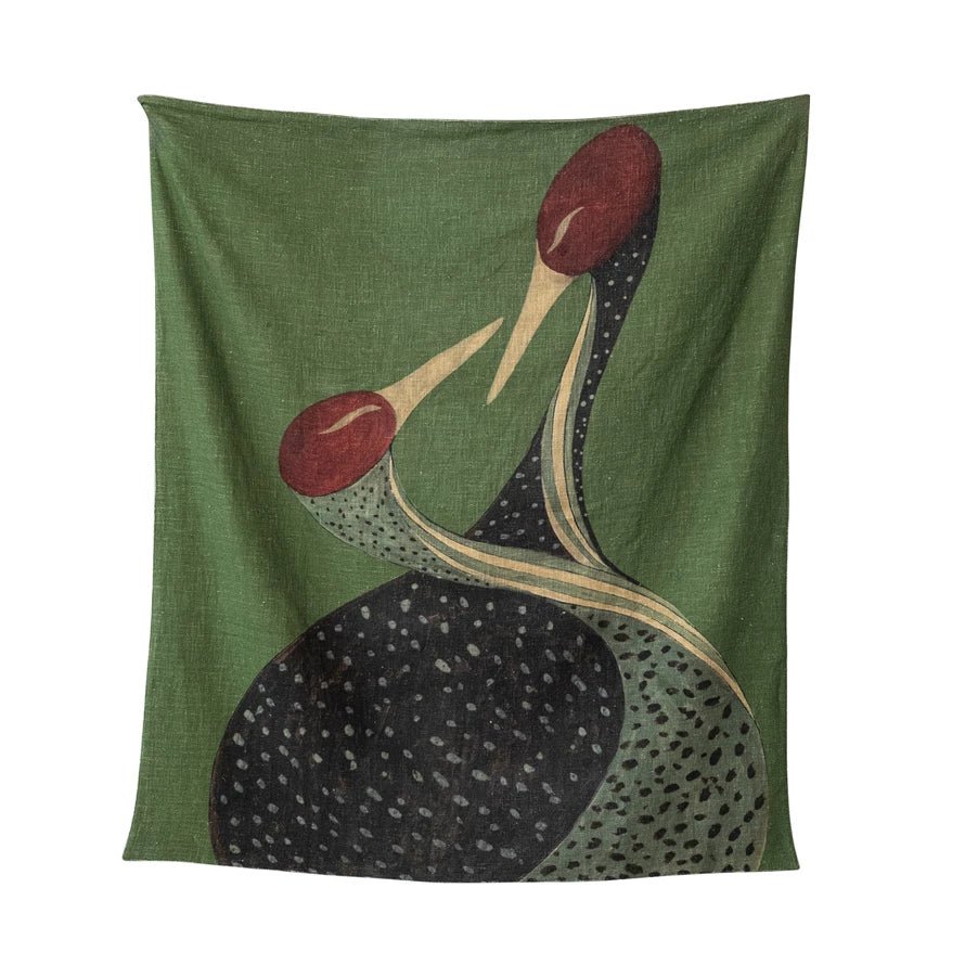 Green Velvet Cranes Cotton Slub Throw - Box Turtle