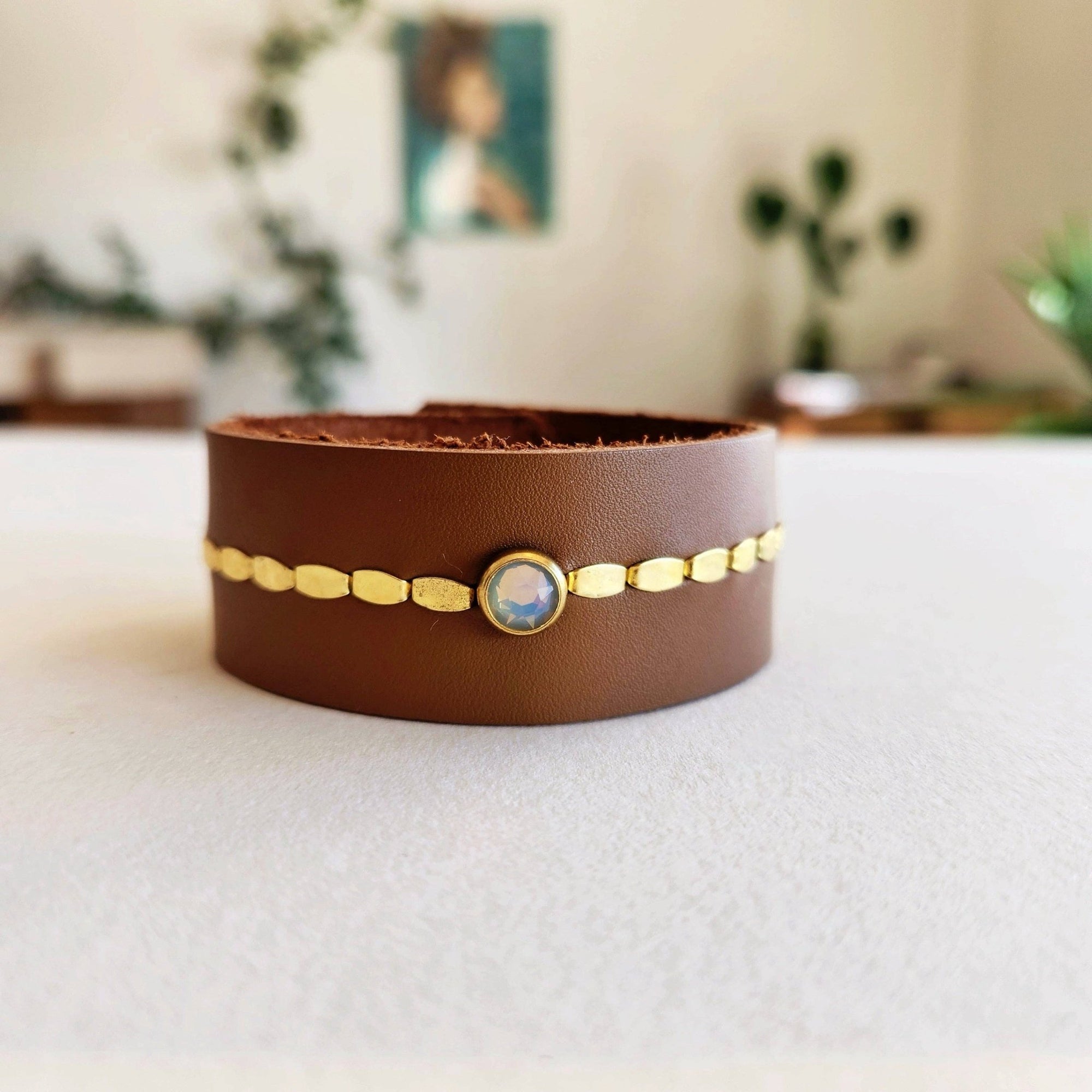 Grey Opal Leather Cuff Bracelet - Box Turtle