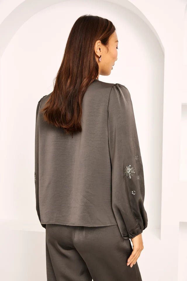 Grey Ties &amp; Sequins Silky Blouse - Box Turtle