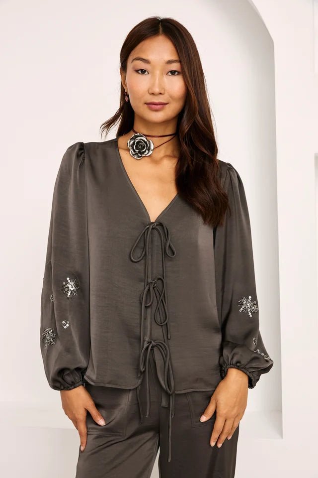 Grey Ties &amp; Sequins Silky Blouse - Box Turtle