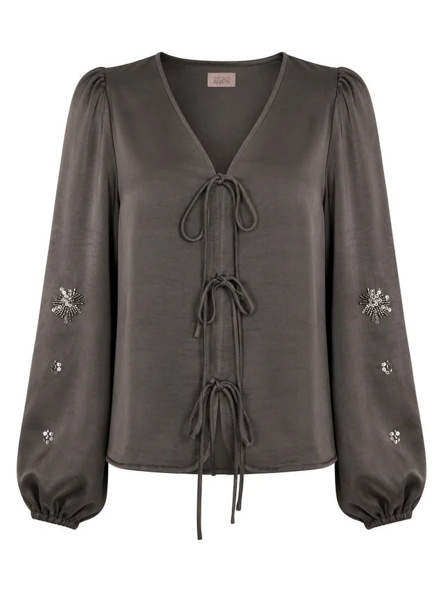 Grey Ties &amp; Sequins Silky Blouse - Box Turtle