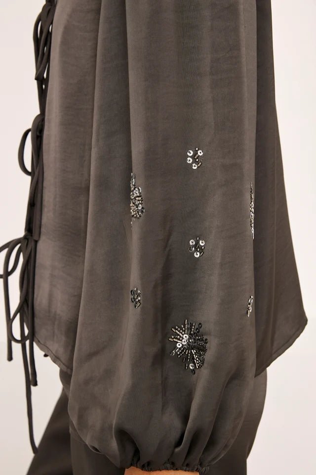 Grey Ties &amp; Sequins Silky Blouse - Box Turtle