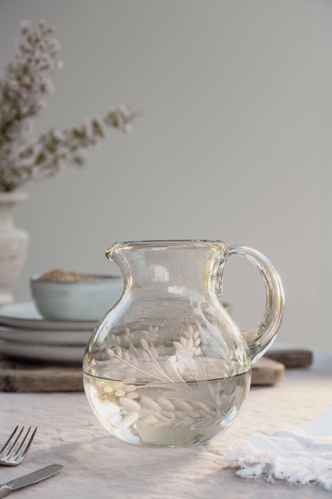 Hand - etched Blown Pitcher - Box Turtle