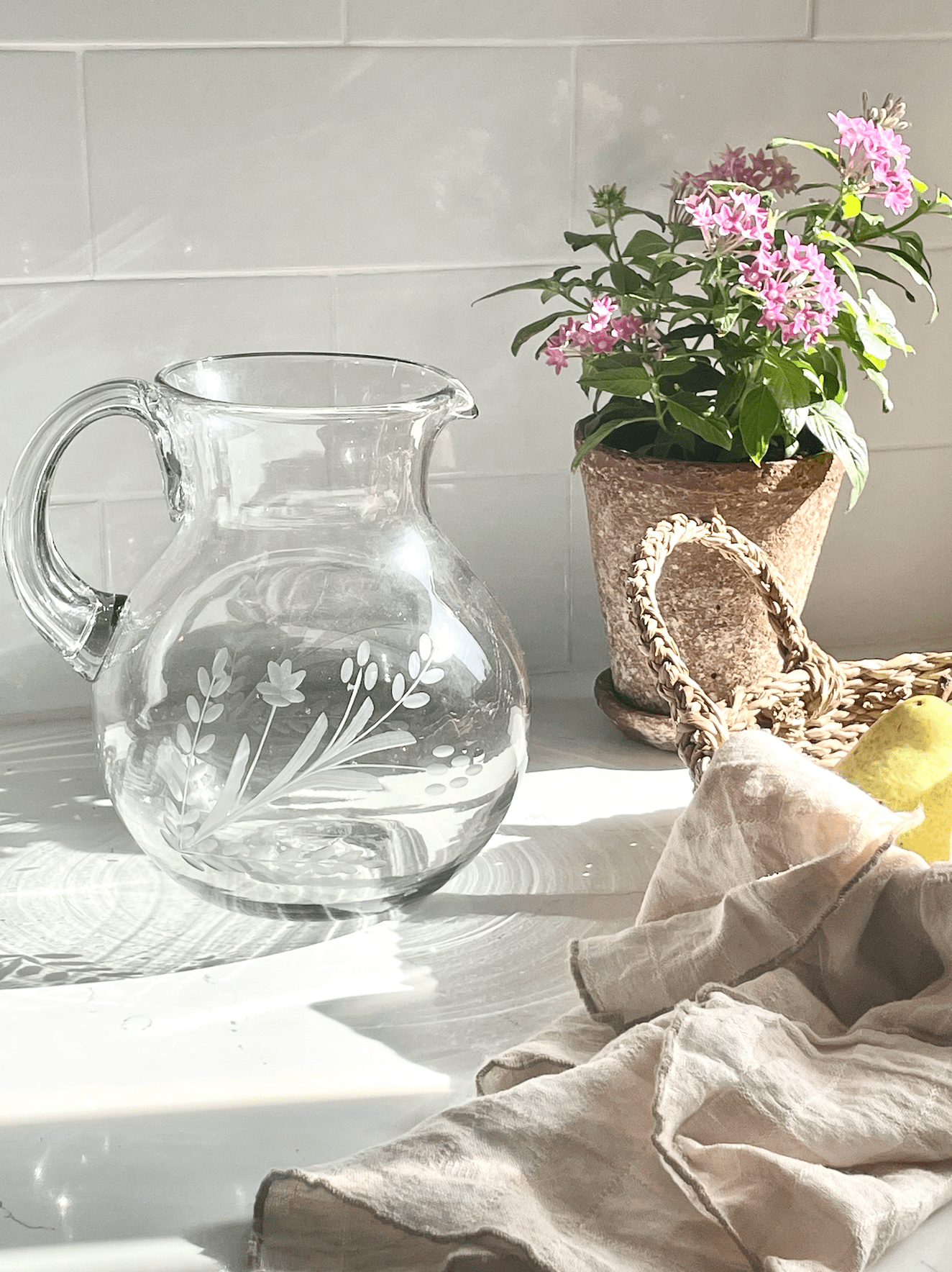 Hand - etched Blown Pitcher - Box Turtle
