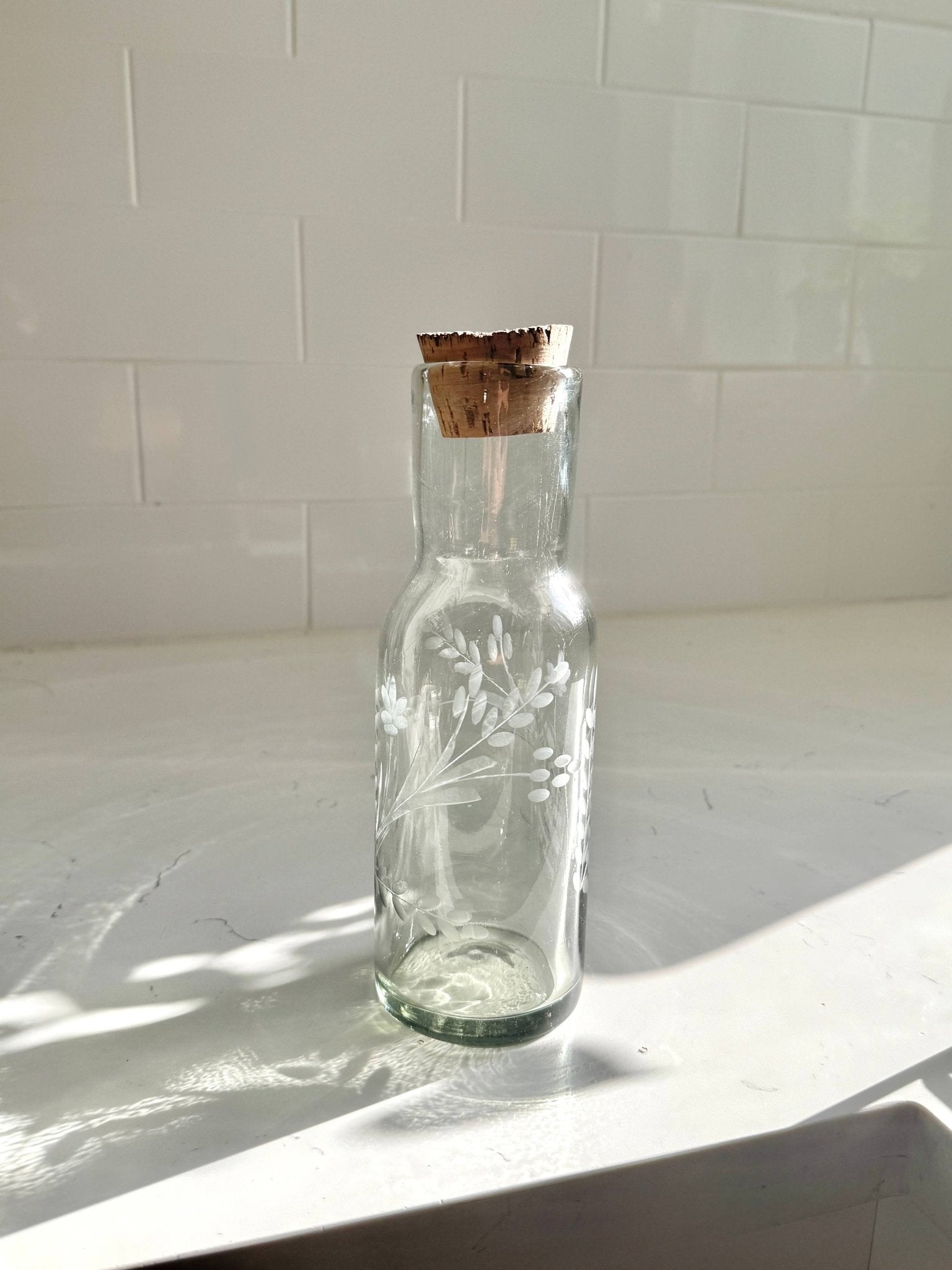 Hand - etched Carafe with Bark Top - Box Turtle