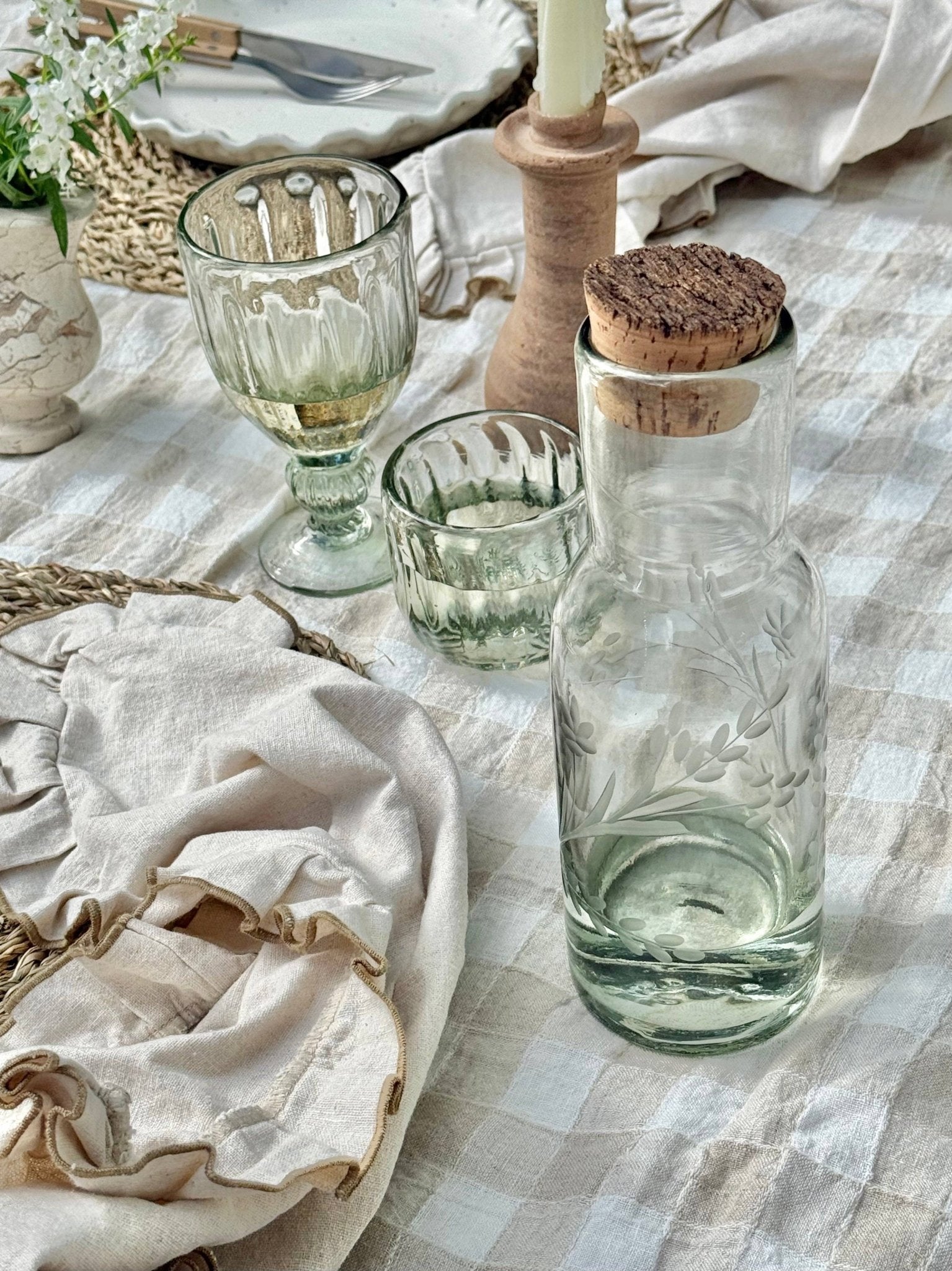Hand - etched Carafe with Bark Top - Box Turtle