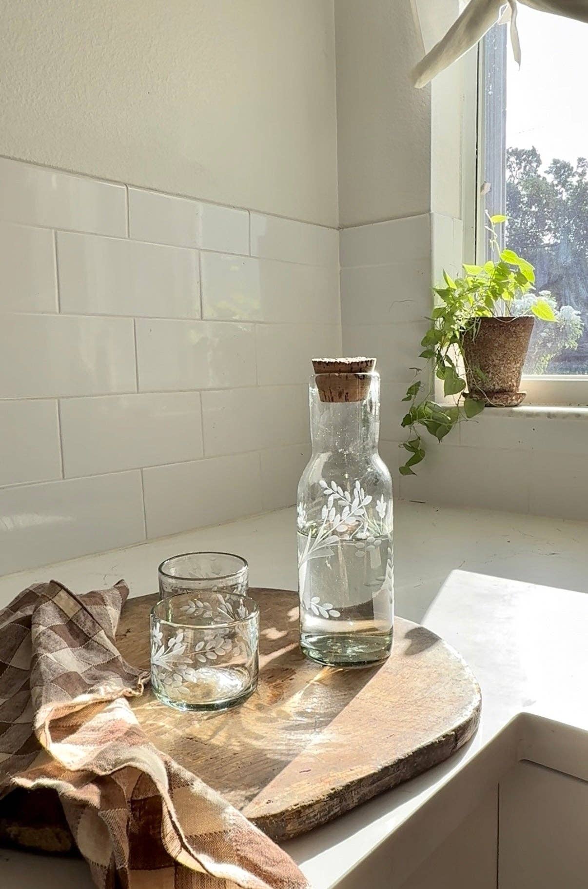 Hand - etched Carafe with Bark Top - Box Turtle