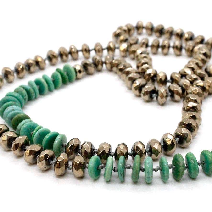 Hand-Knotted Green Turquoise and Pyrite Necklace - Box Turtle