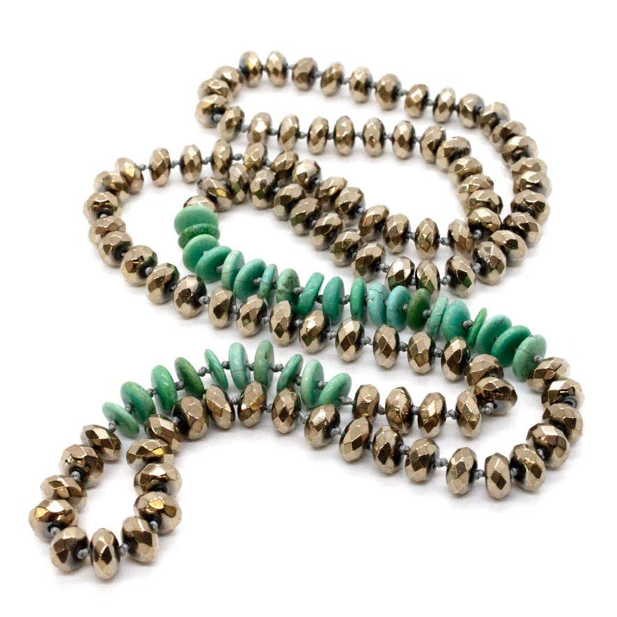 Hand-Knotted Green Turquoise and Pyrite Necklace - Box Turtle