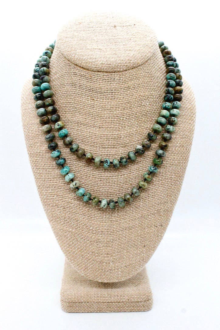 Hand - Knotted Long African Turquoise Rondelle Bead Necklace - Box Turtle