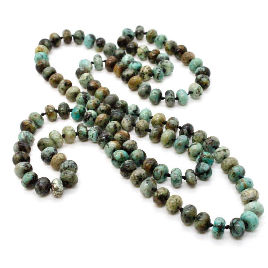 Hand - Knotted Long African Turquoise Rondelle Bead Necklace - Box Turtle