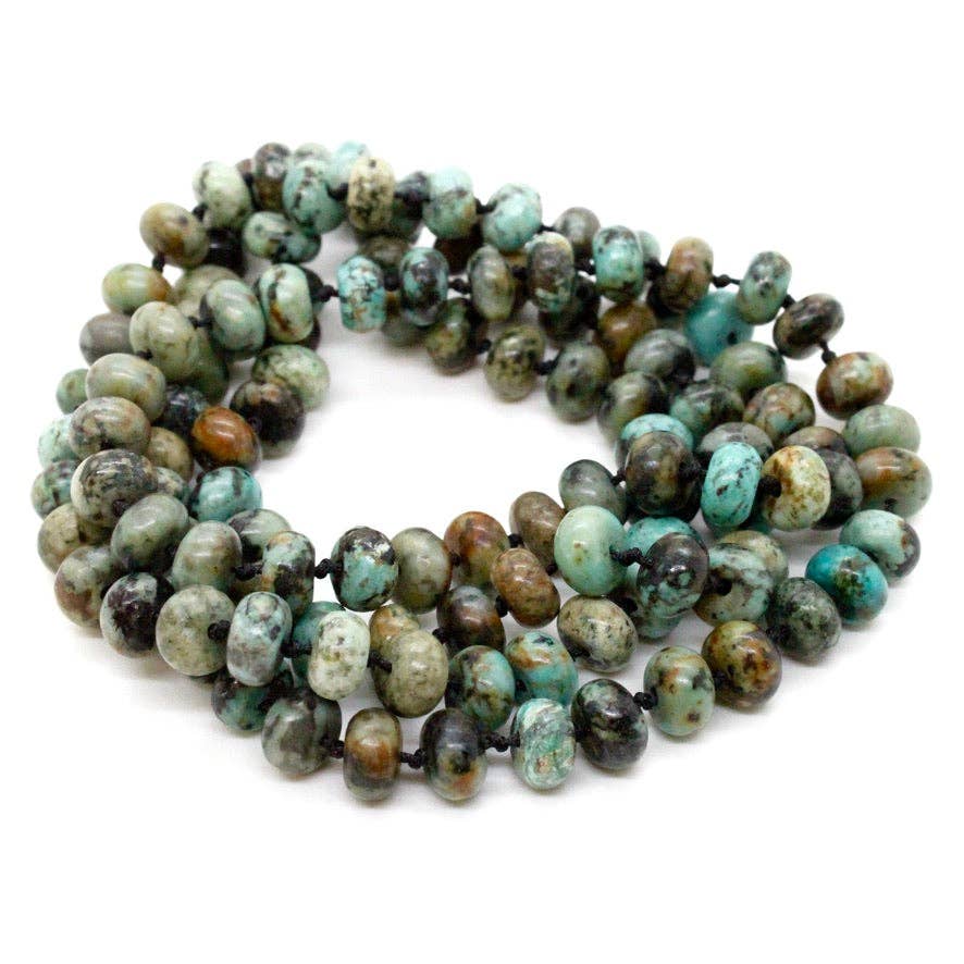 Hand - Knotted Long African Turquoise Rondelle Bead Necklace - Box Turtle