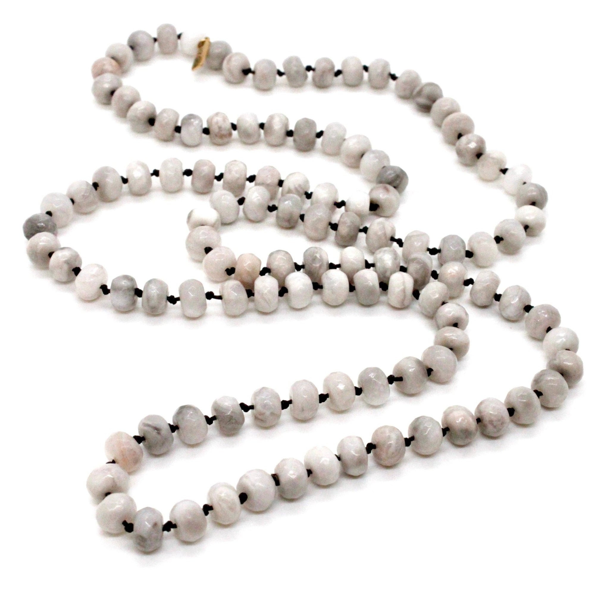 Hand - Knotted White Agate Bead Necklace - Box Turtle