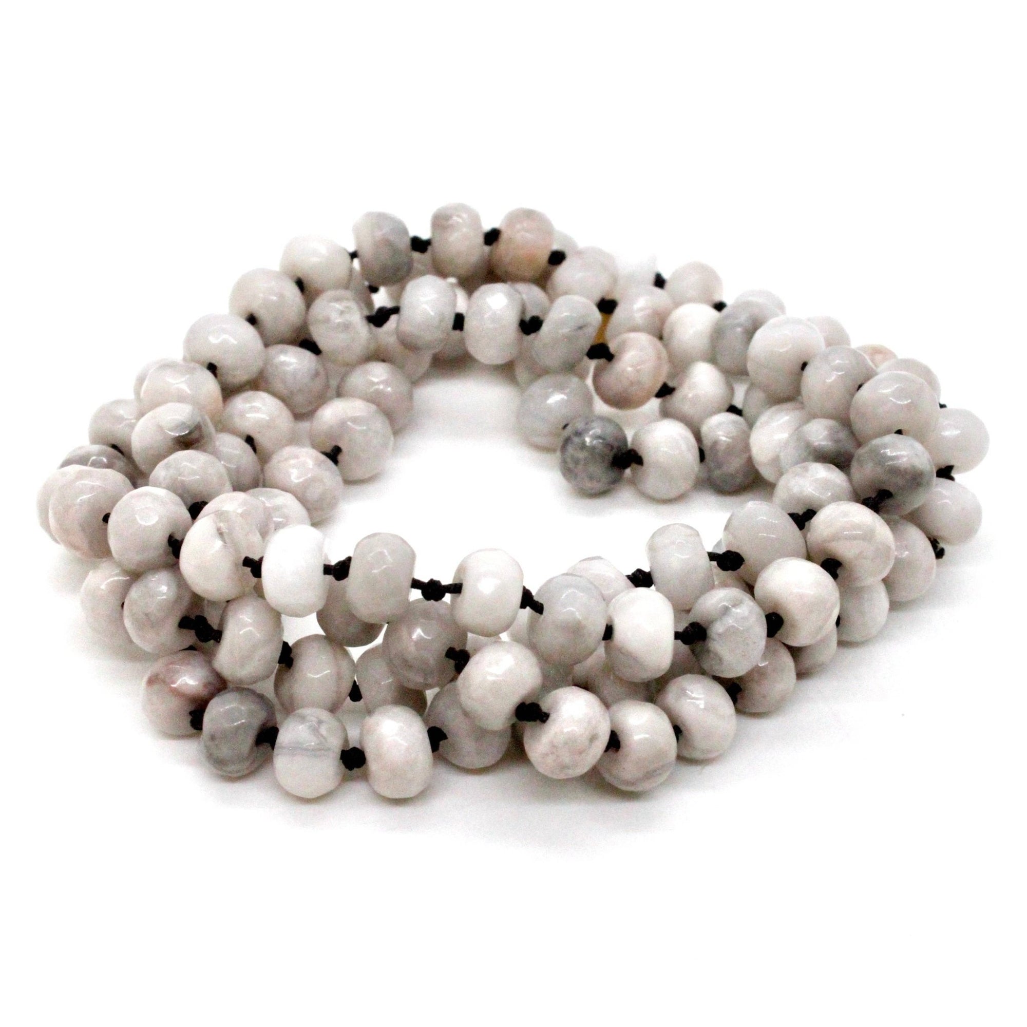 Hand - Knotted White Agate Bead Necklace - Box Turtle
