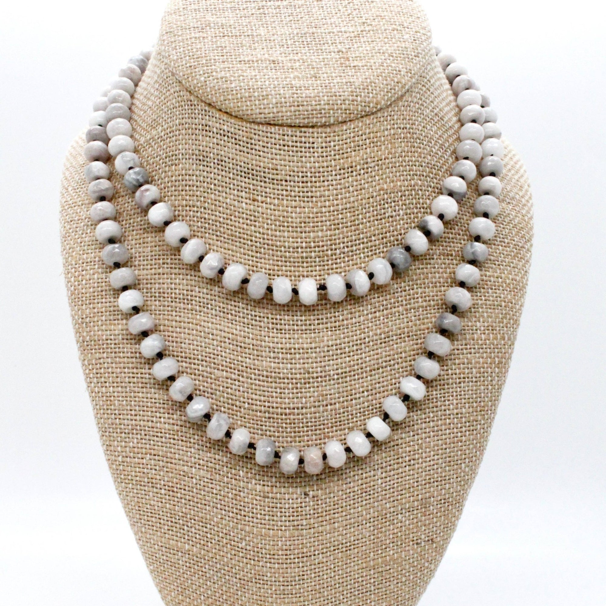 Hand - Knotted White Agate Bead Necklace - Box Turtle