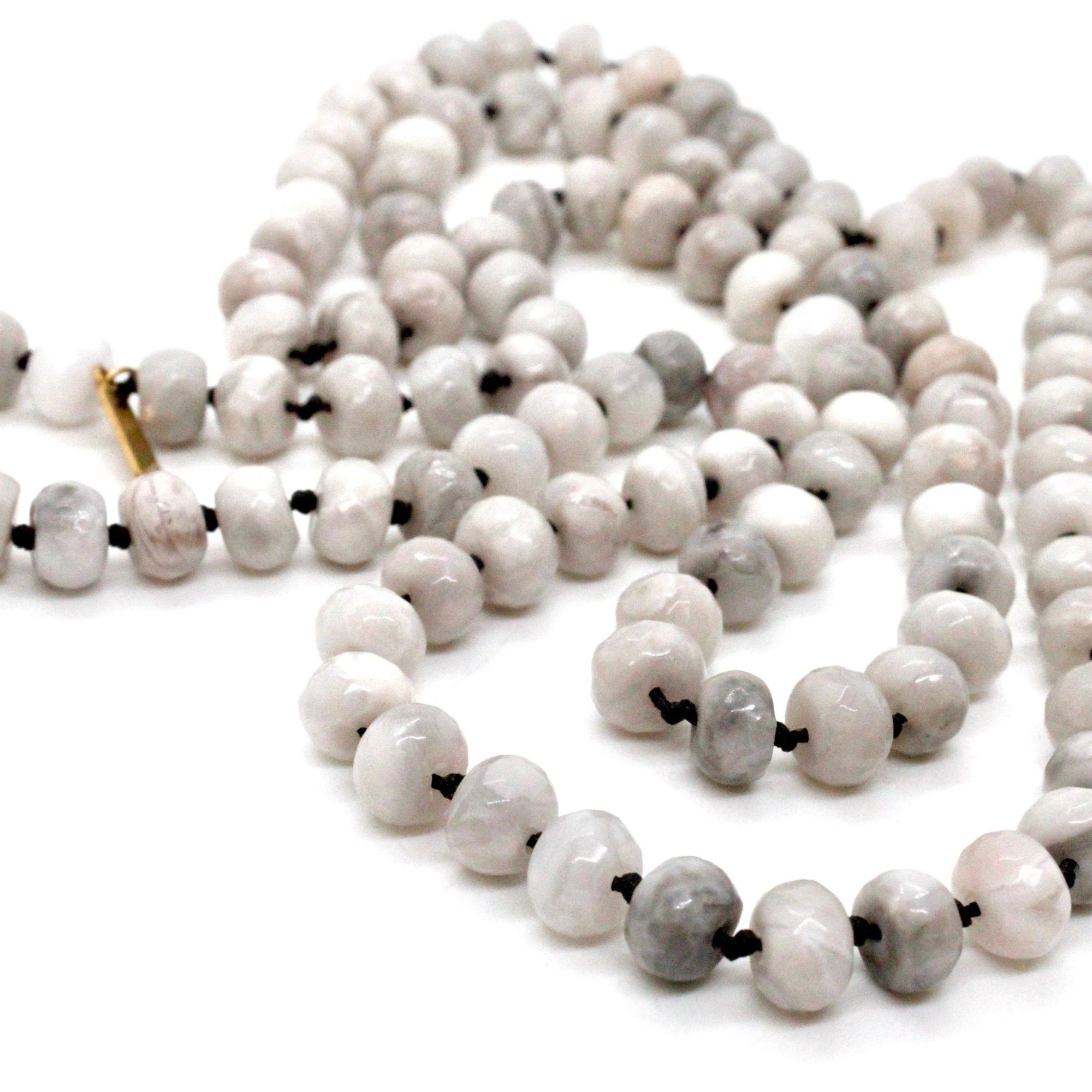 Hand - Knotted White Agate Bead Necklace - Box Turtle
