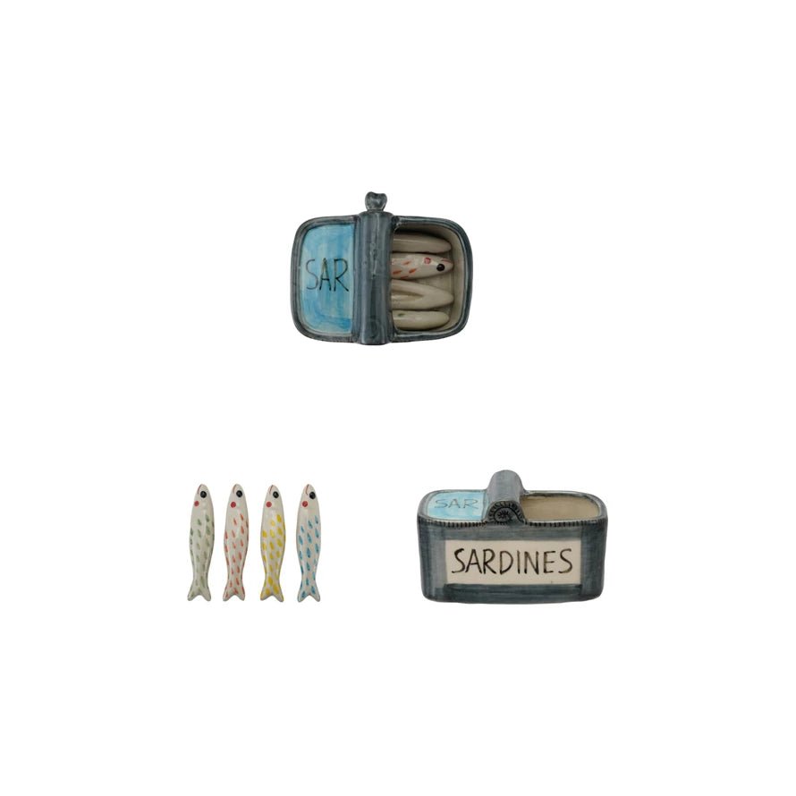 Hand - Painted Sardine Container with Utensils - Box Turtle