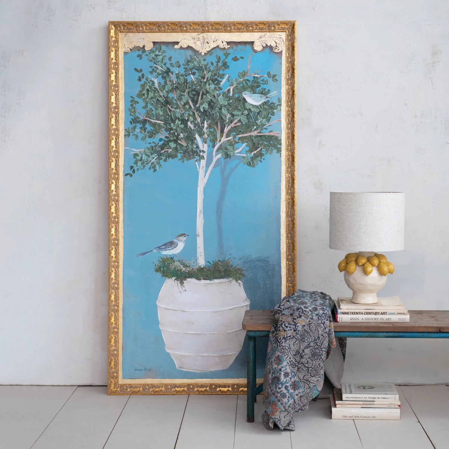 Hand - Painted Wood Framed Canvas With Bird & Tree - Box Turtle