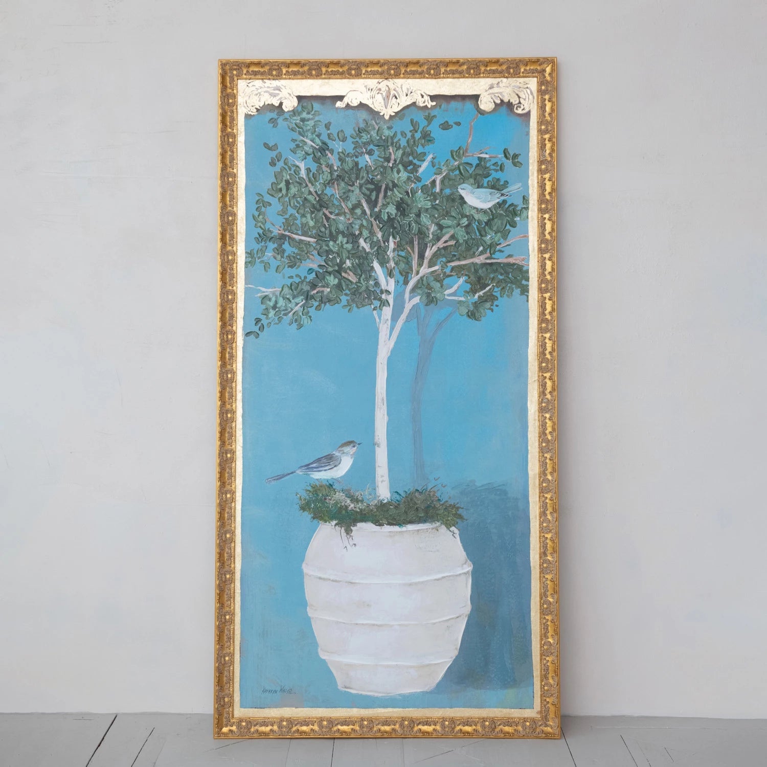 Hand - Painted Wood Framed Canvas With Bird & Tree - Box Turtle