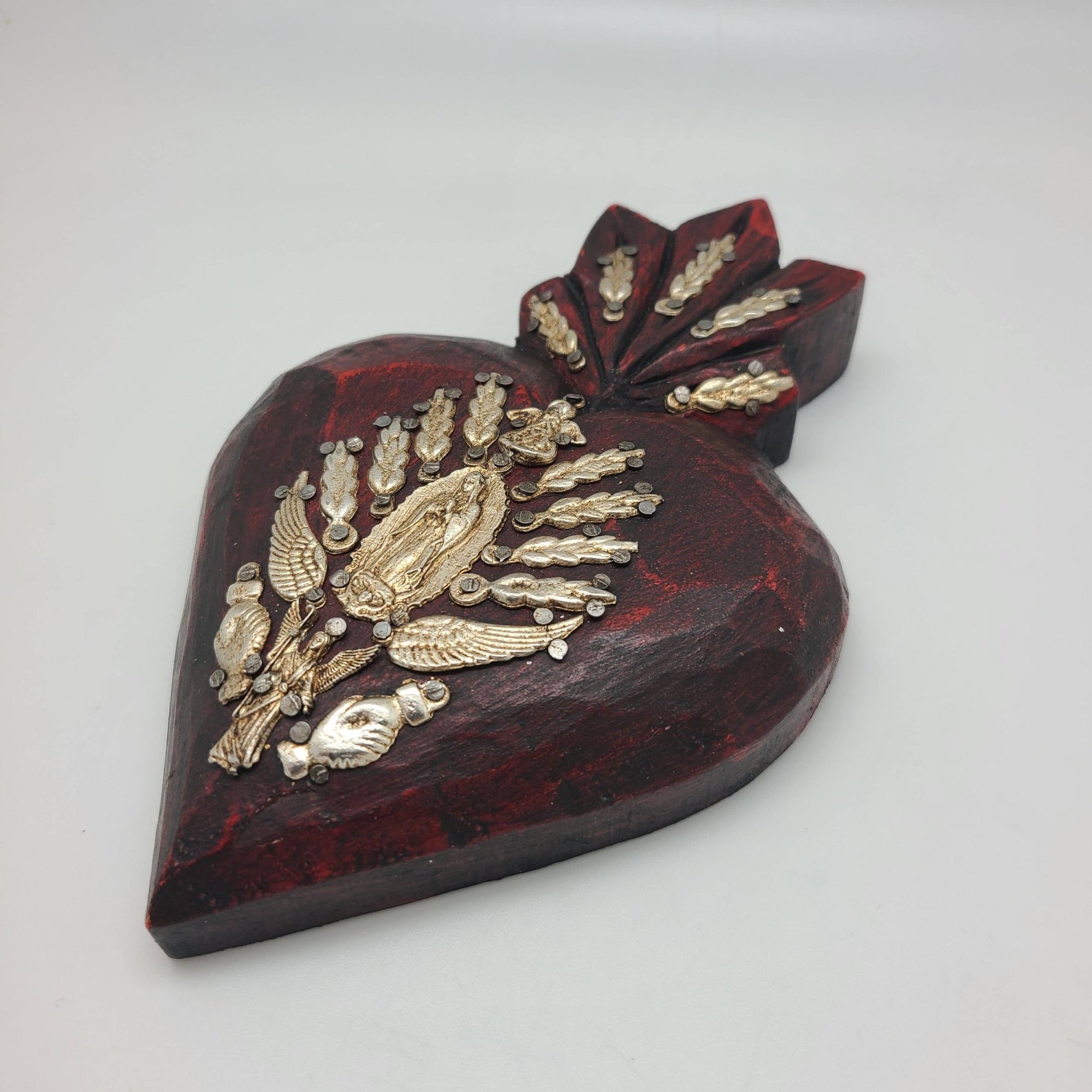 Hand Painted Wood Heart with Milagros - Box Turtle