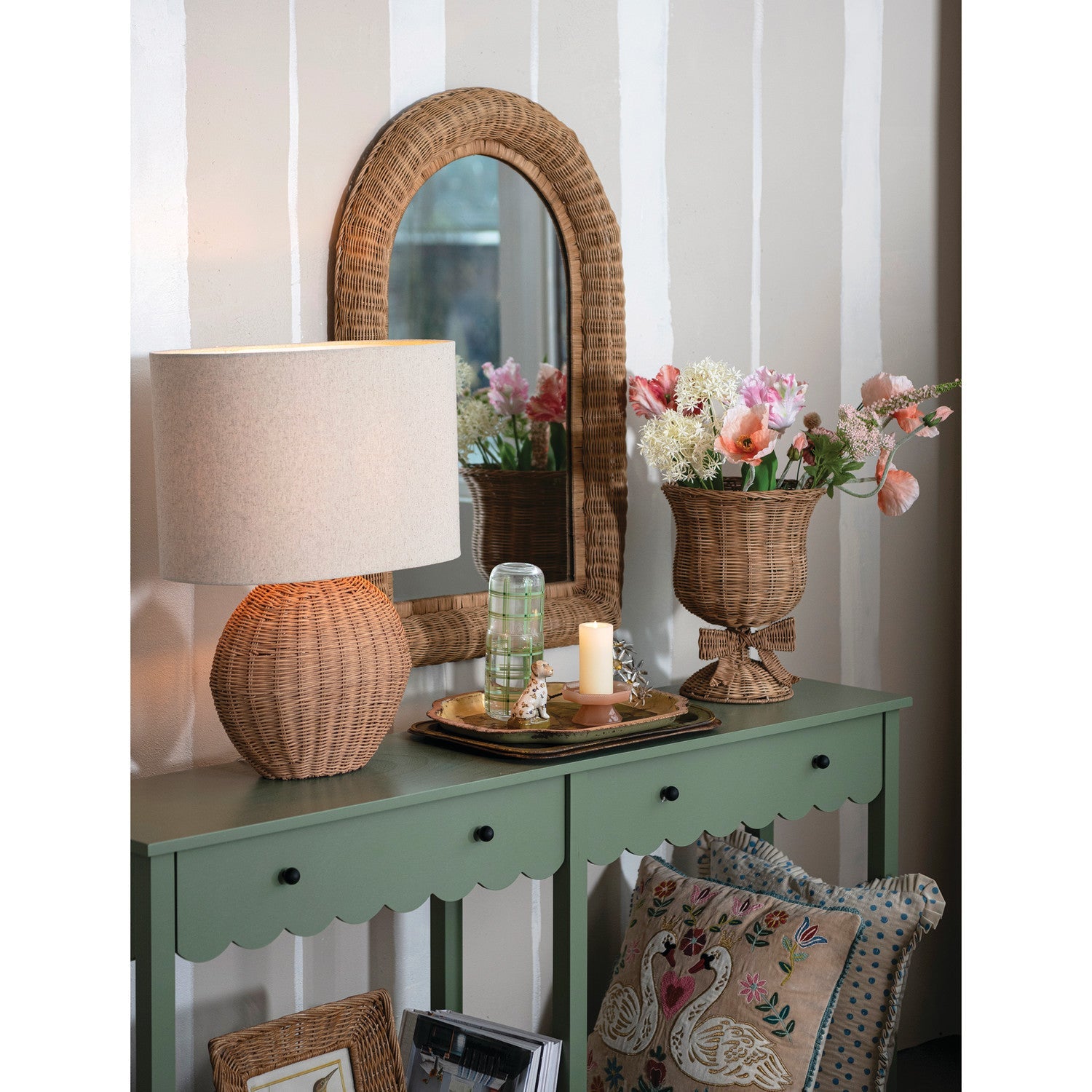 Hand-Woven Rattan Table Lamp with Linen Shade - Box Turtle