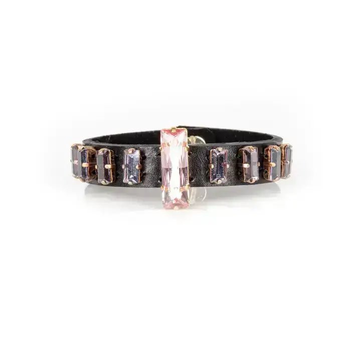 Handcrafted Black Leather Cuff with Blush Baguette Crystals - Box Turtle