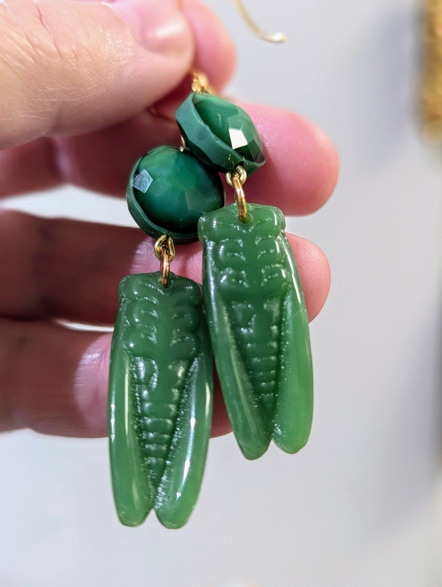 Handmade Jade-Colored Cicada Earrings - Box Turtle