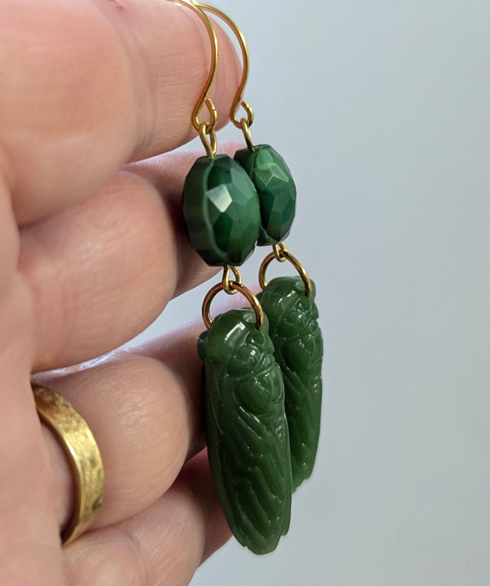Handmade Jade-Colored Cicada Earrings - Box Turtle
