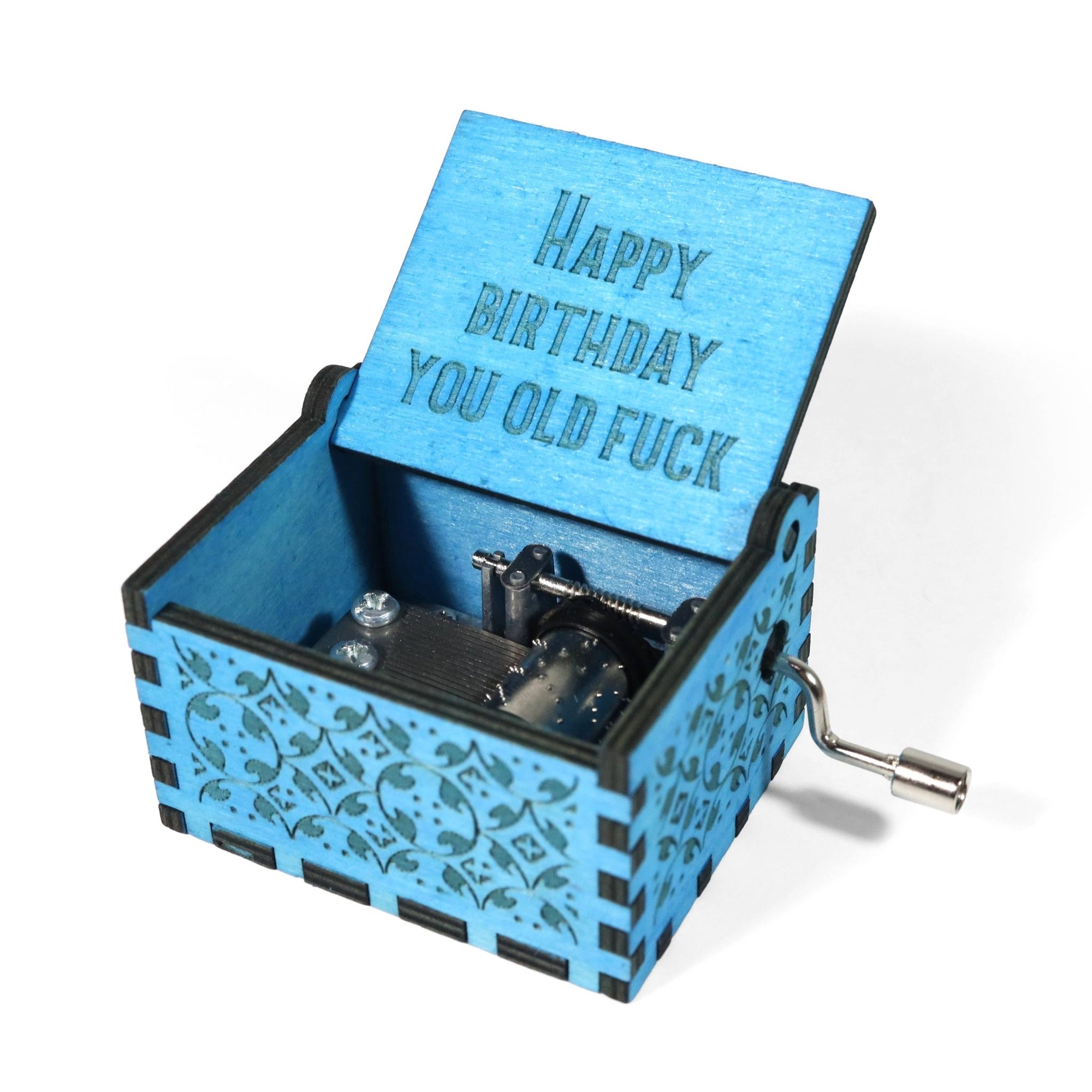 "Happy Birthday You Old Fuck" Hand - Crank Music Box - Box Turtle