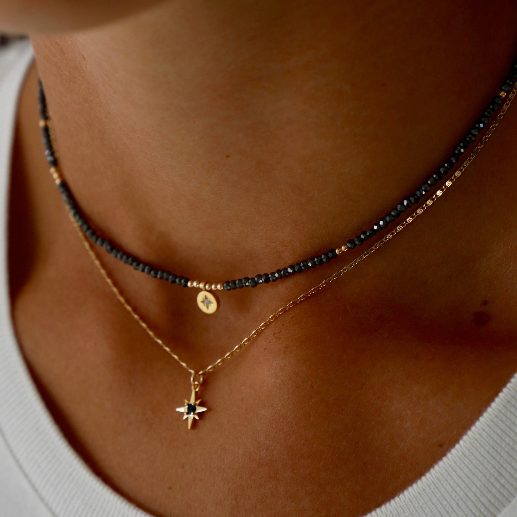 Hematite Beaded Star Medallion Necklace - Box Turtle